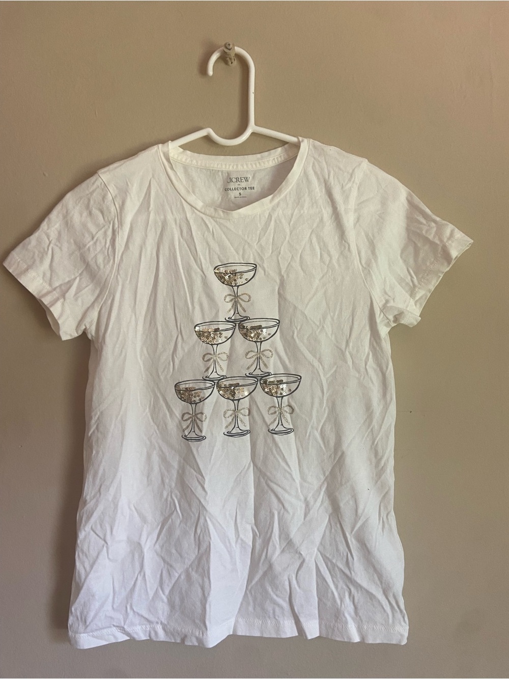 J. Crew Festive Collector Tee White with Sparkly Champagne Glasses with Bows